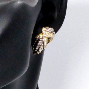 Triple Cable "X" Clip-On Earrings Stainless Steel Gold Plated Pave Crystals